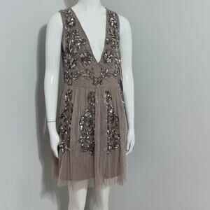 Maya Deluxe women’s short beige tulle dress, sleeveless, elegant cocktail 8